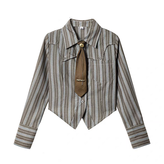[PRE-ORDER] Retro Brown Striped Shirt | Tie Detail