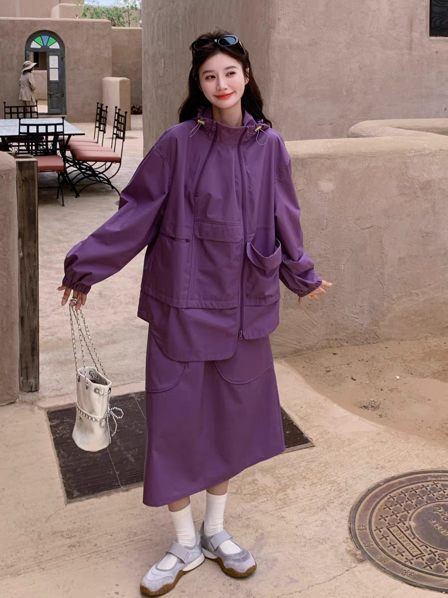 [PRE-ORDER] Purple Casual Workwear Hoodie + Skirt Two-Piece Set (2025 Spring/Autumn)