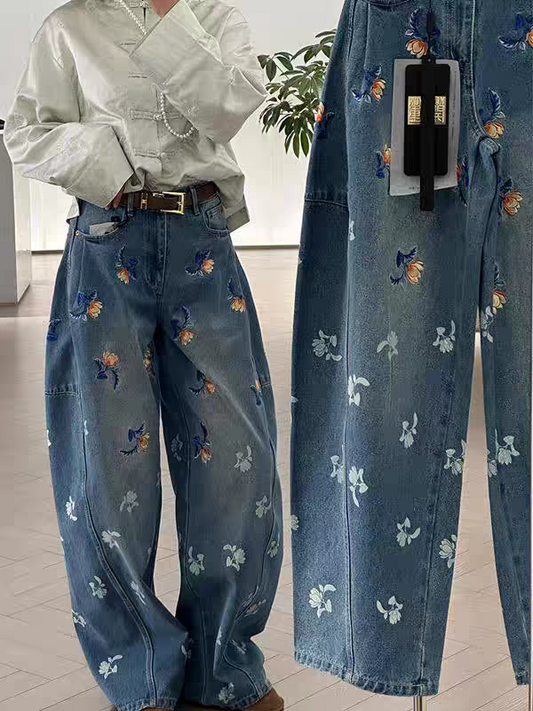 [PRE-ORDER] 2025 New Pear-Shaped Body Loose BF Lazy Style Blue Printed Wide-Leg Pants
