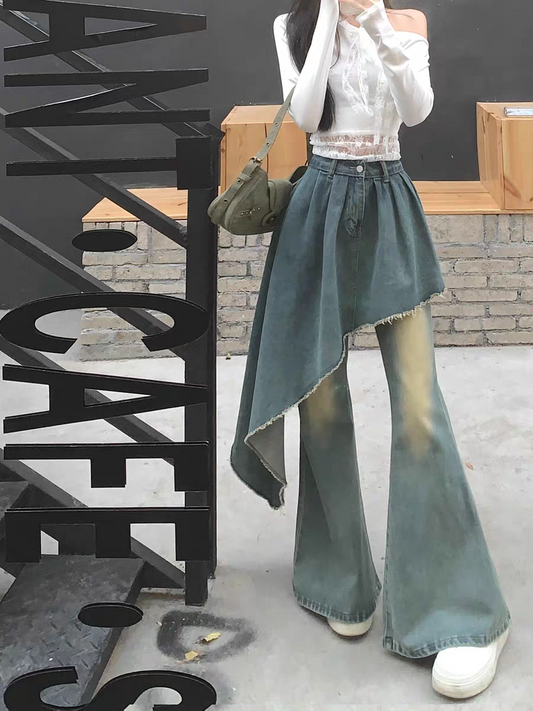 [PRE-ORDER] Korean Retro High-Waist Layered Denim Flared Pants