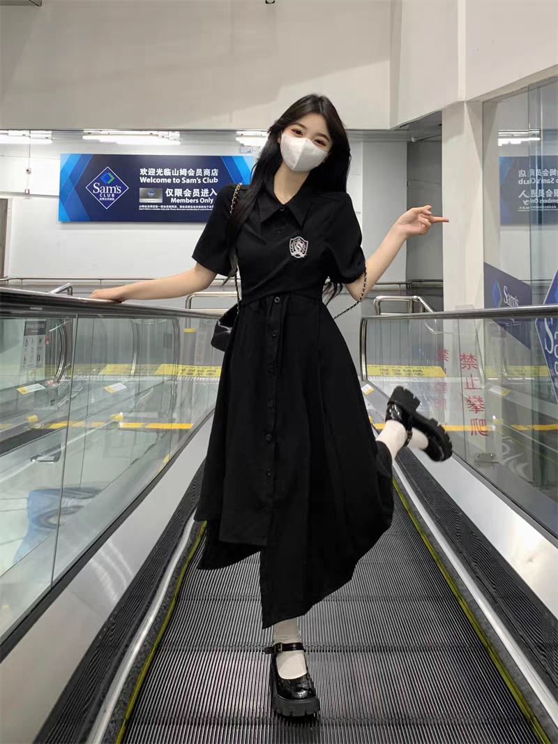[PRE-ORDER] Black Korean College-Style Asymmetric Polo Dress