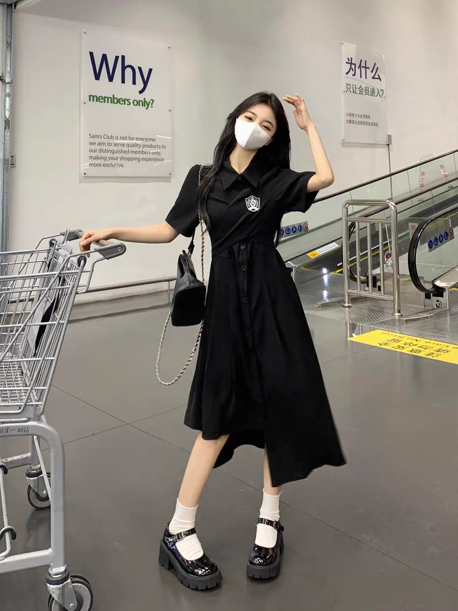 [PRE-ORDER] Black Korean College-Style Asymmetric Polo Dress