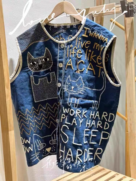 [PRE-ORDER] Vintage Blue Printed Linen Vest Top for Petite Women in Early Autumn
