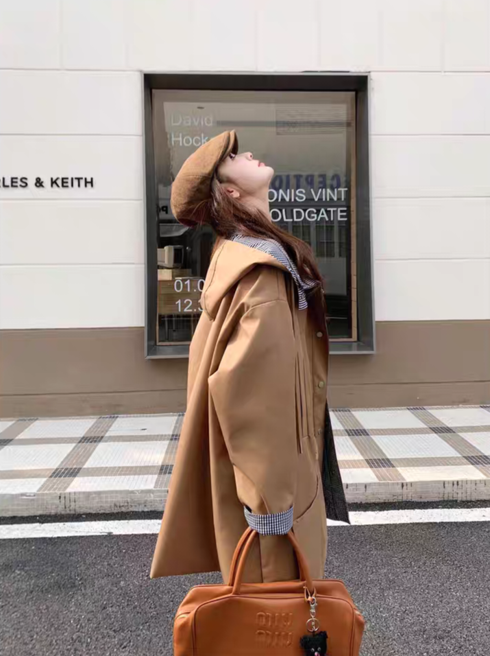 [PRE-ORDER] [PRE-ORDER] Khaki Hooded Plaid Patchwork Windbreaker — Korean Style