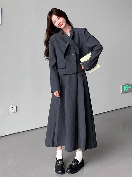 [PRE-ORDER] Dark Gray Bow Tie Two-Piece Suit — Jacket & Skirt Set (Spring & Autumn 2025)