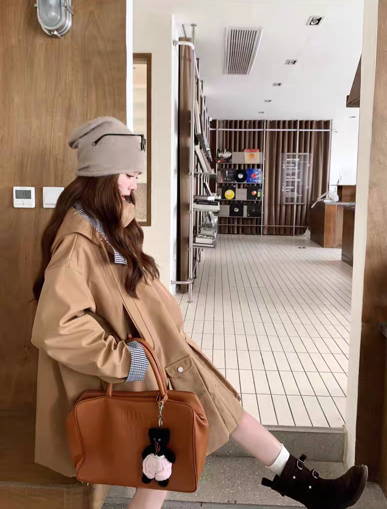[PRE-ORDER] [PRE-ORDER] Khaki Hooded Plaid Patchwork Windbreaker — Korean Style